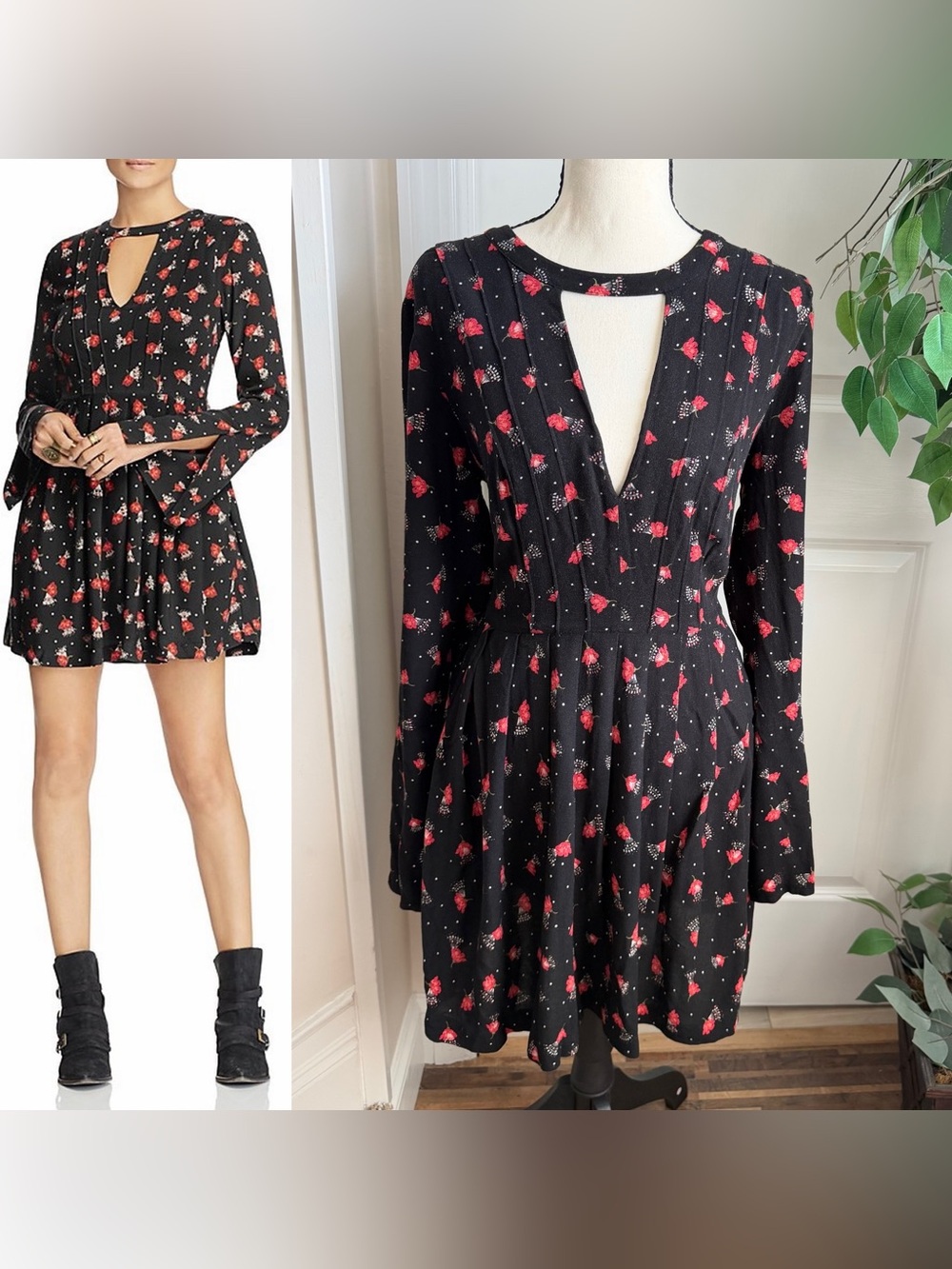 Free People Tegan Printed Mini Dress Black Sz 10